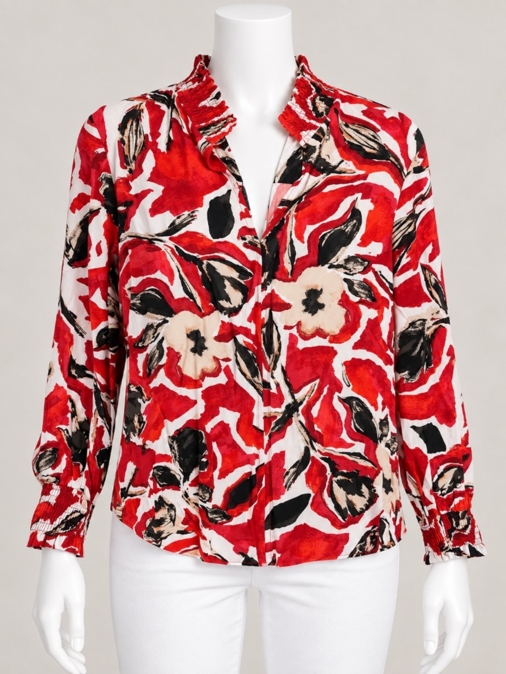 NIC+ZOE Petal Pop Red Abstract Floral Split Neck Long Sleeve Blouse Top Size S